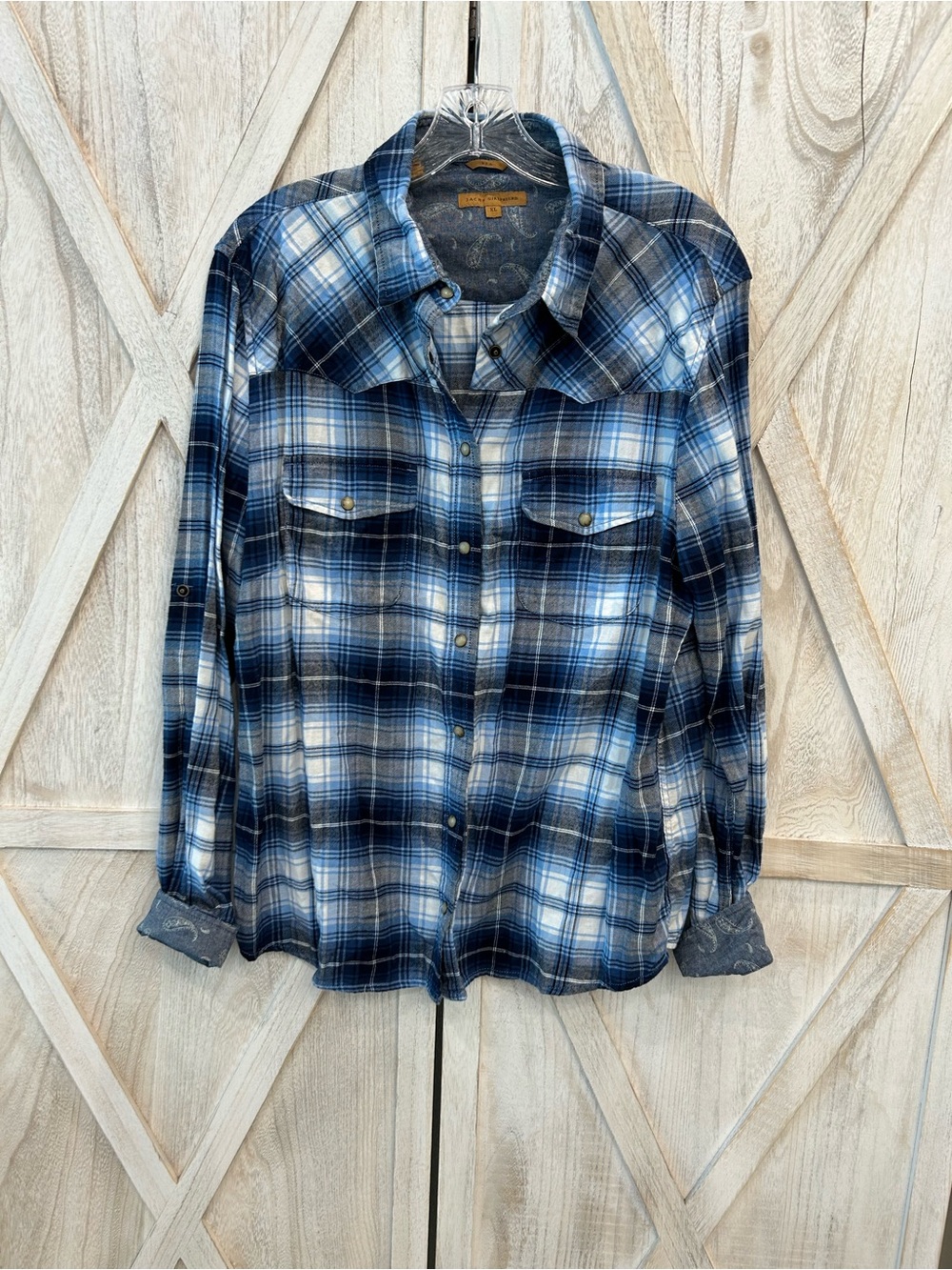 Jachs Blue and White Plaid Flannel Button-Down Shirt